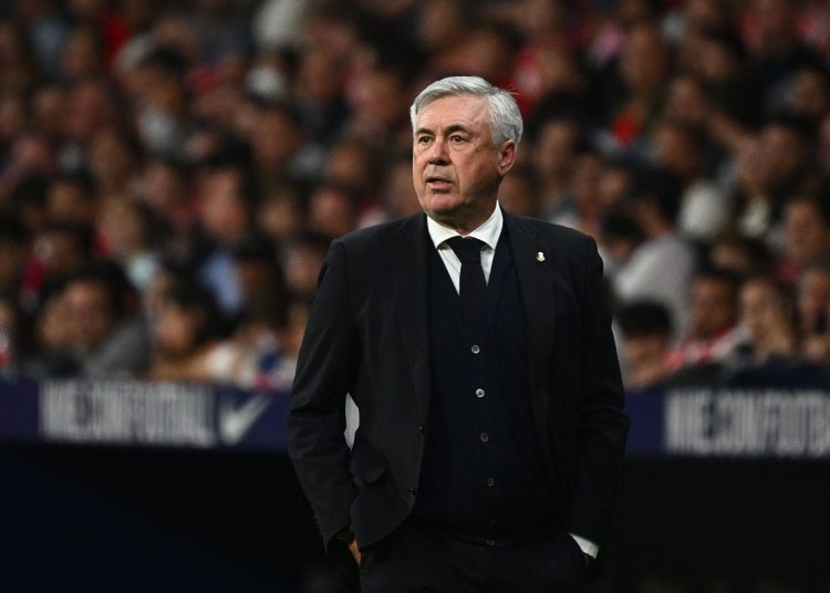 Real Madrid's Italian coach Carlo Ancelotti reacts during the Spanish League football between Club Atletico de Madrid and Real Madrid CF at the Wanda Metropolitano stadium in Madrid on May 8, 2022. (Photo by GABRIEL BOUYS / AFP) (Photo by GABRIEL BOUYS/AFP via Getty Images)